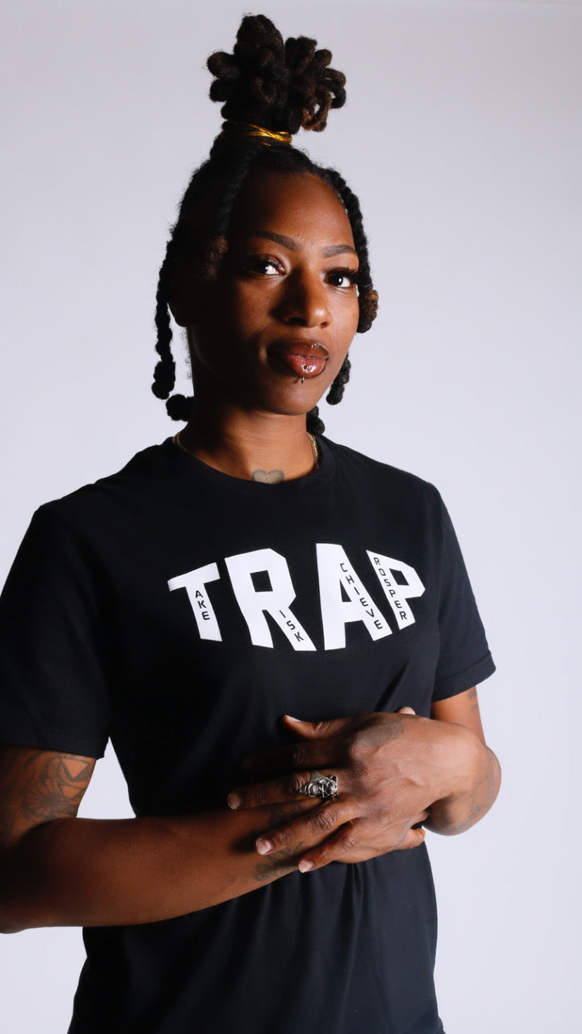 "TAKE RISK ACHIEVE PROSPER" TRAP TEE BLACK/WHITE