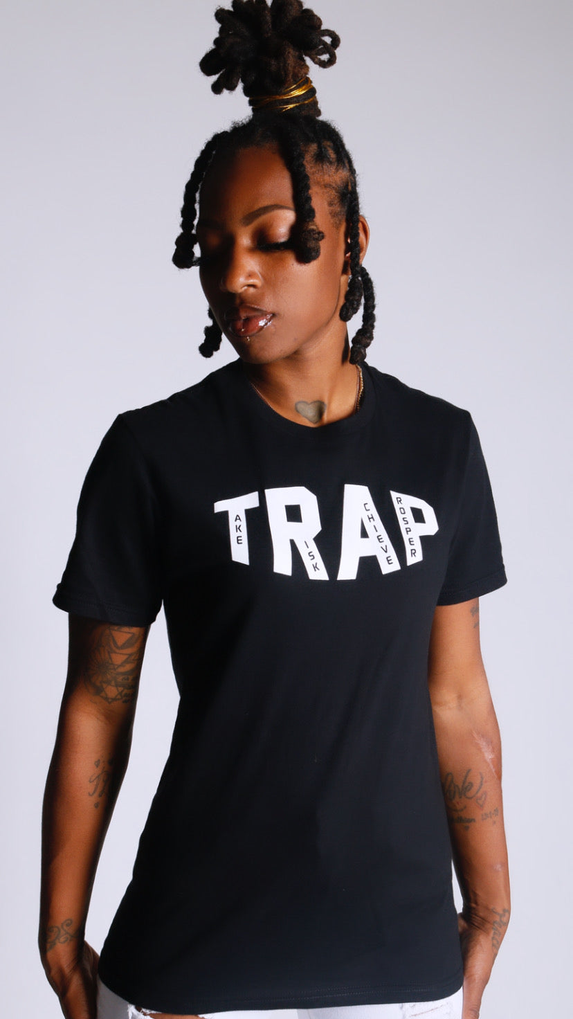 "TAKE RISK ACHIEVE PROSPER" TRAP TEE BLACK/WHITE