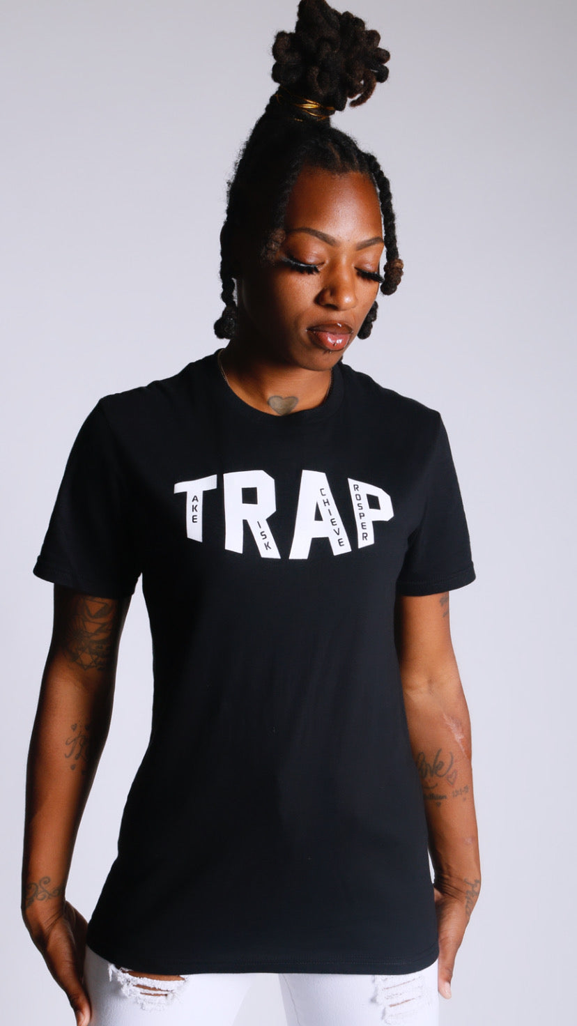 "TAKE RISK ACHIEVE PROSPER" TRAP TEE BLACK/WHITE