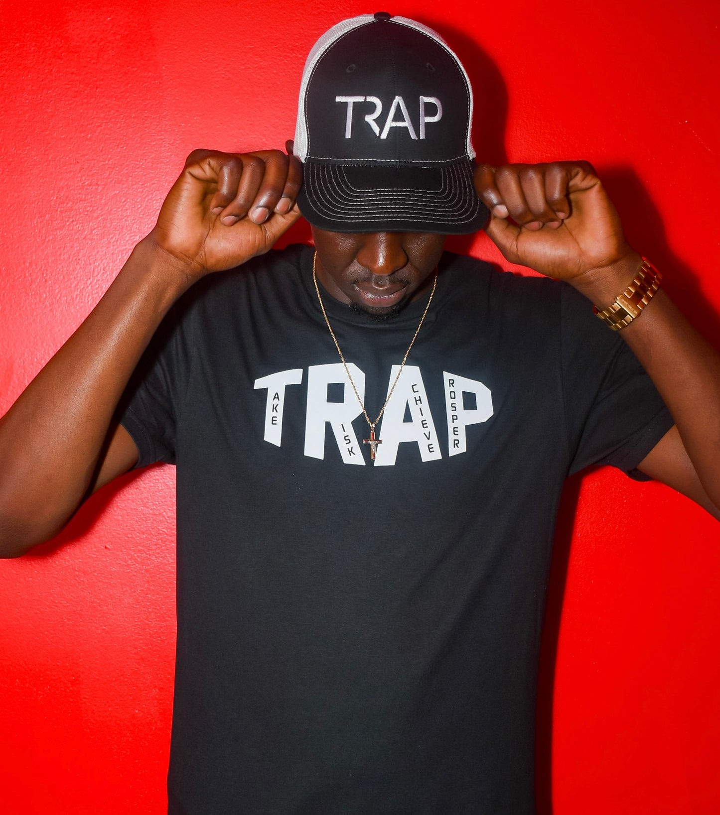 "TAKE RISK ACHIEVE PROSPER" TRAP TEE BLACK/WHITE