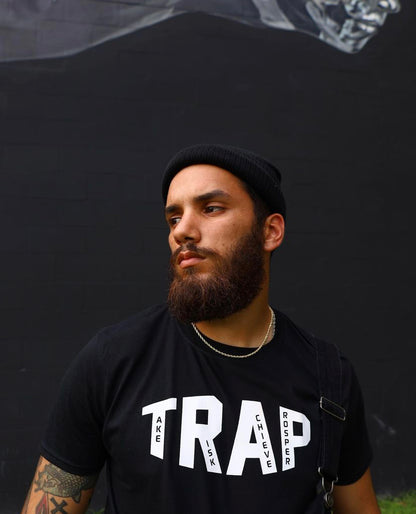 "TAKE RISK ACHIEVE PROSPER" TRAP TEE BLACK/WHITE
